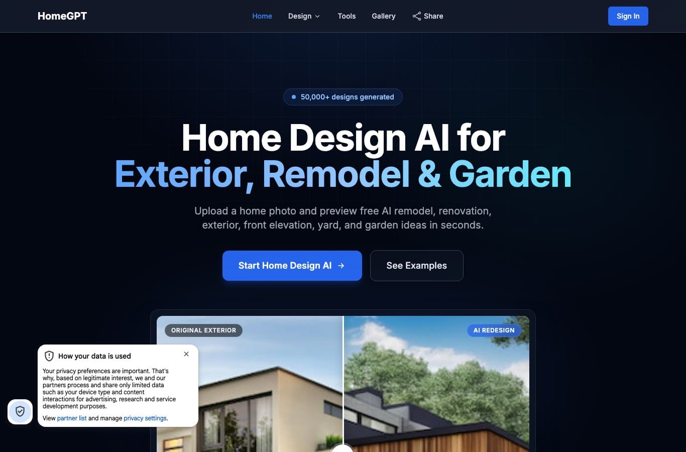 Page d'accueil de HomeGPT : Home Design AI for Exterior, Remodel and Garden, avec un exemple avant/apres de facade