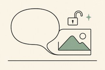Illustration au trait : une bulle de dialogue devient un cadre d'image, a cote d'un cadenas ouvert