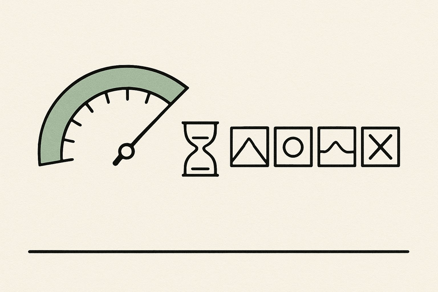Illustration au trait : un compteur presque au maximum, un sablier et une série de vignettes dont la dernière est barrée