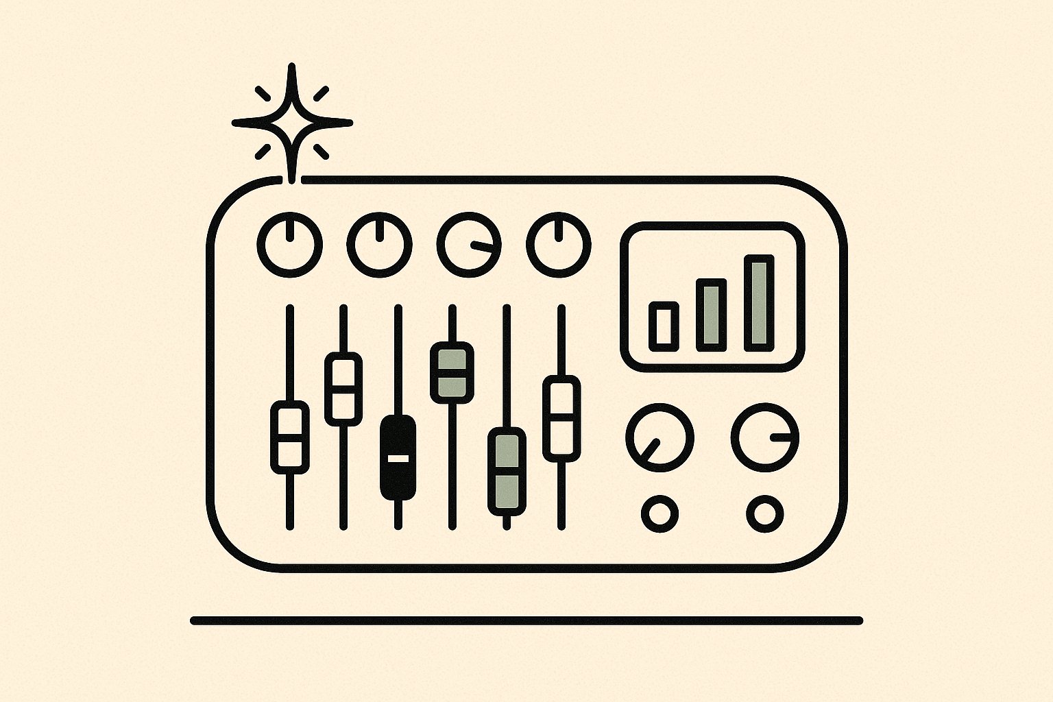 Illustration : console de mixage vue du dessus avec faders, potentiomètres et forme d'onde