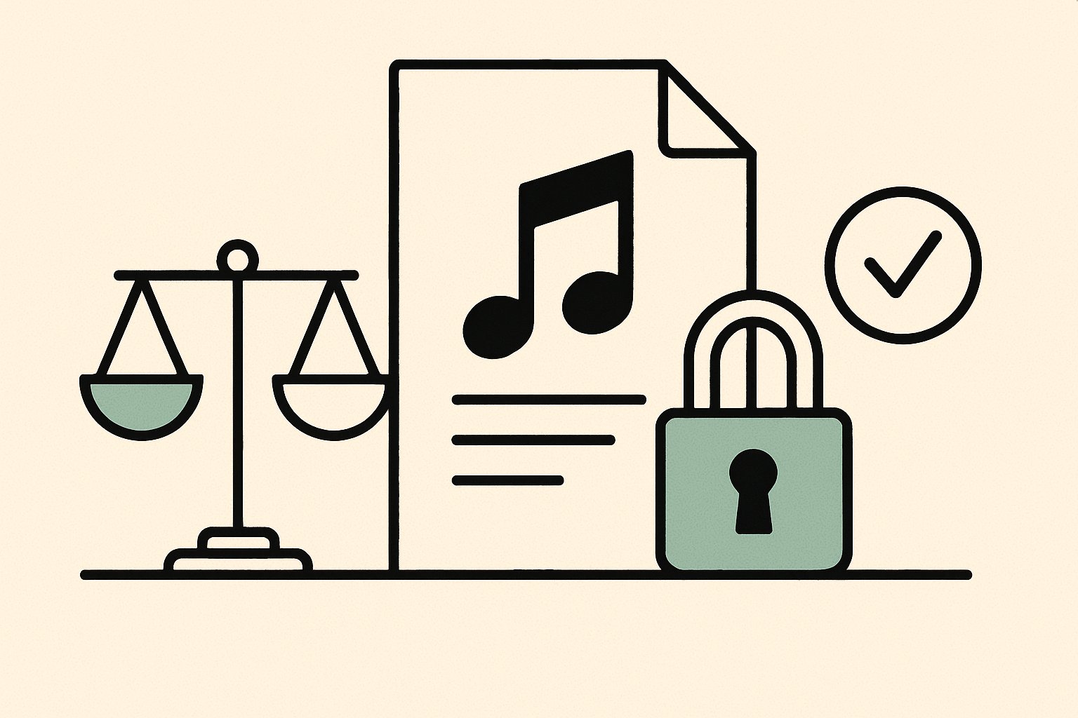 Illustration : balance, document portant une note de musique, cadenas et tampon de validation
