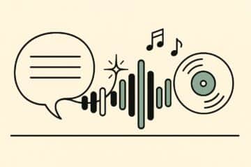 Illustration line-art : une bulle de dialogue se transforme en forme d onde audio puis en disque vinyle