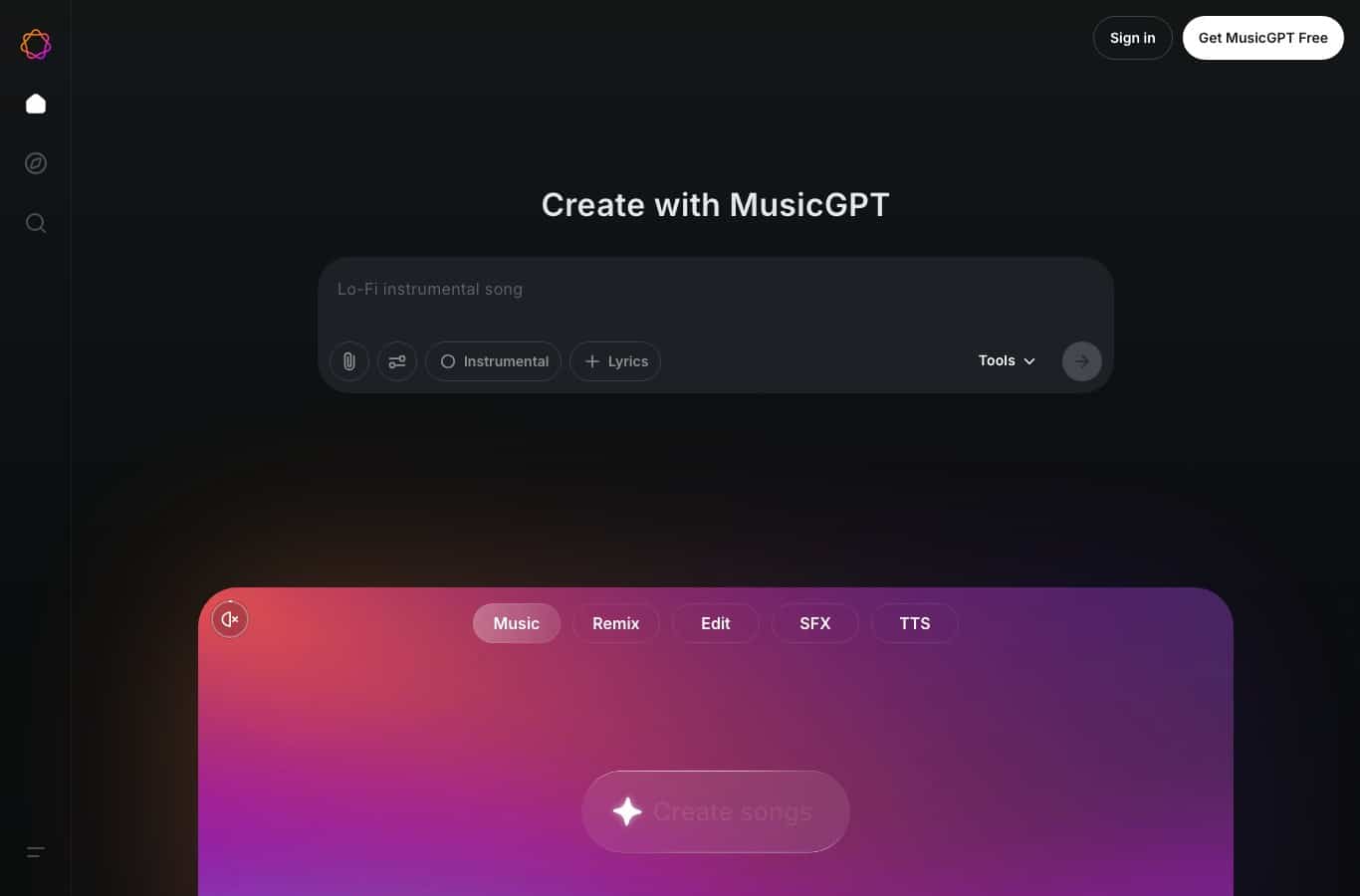 Capture d'écran de musicgpt.com : champ de prompt « Create with MusicGPT » et onglets Music, Remix, Edit, SFX, TTS
