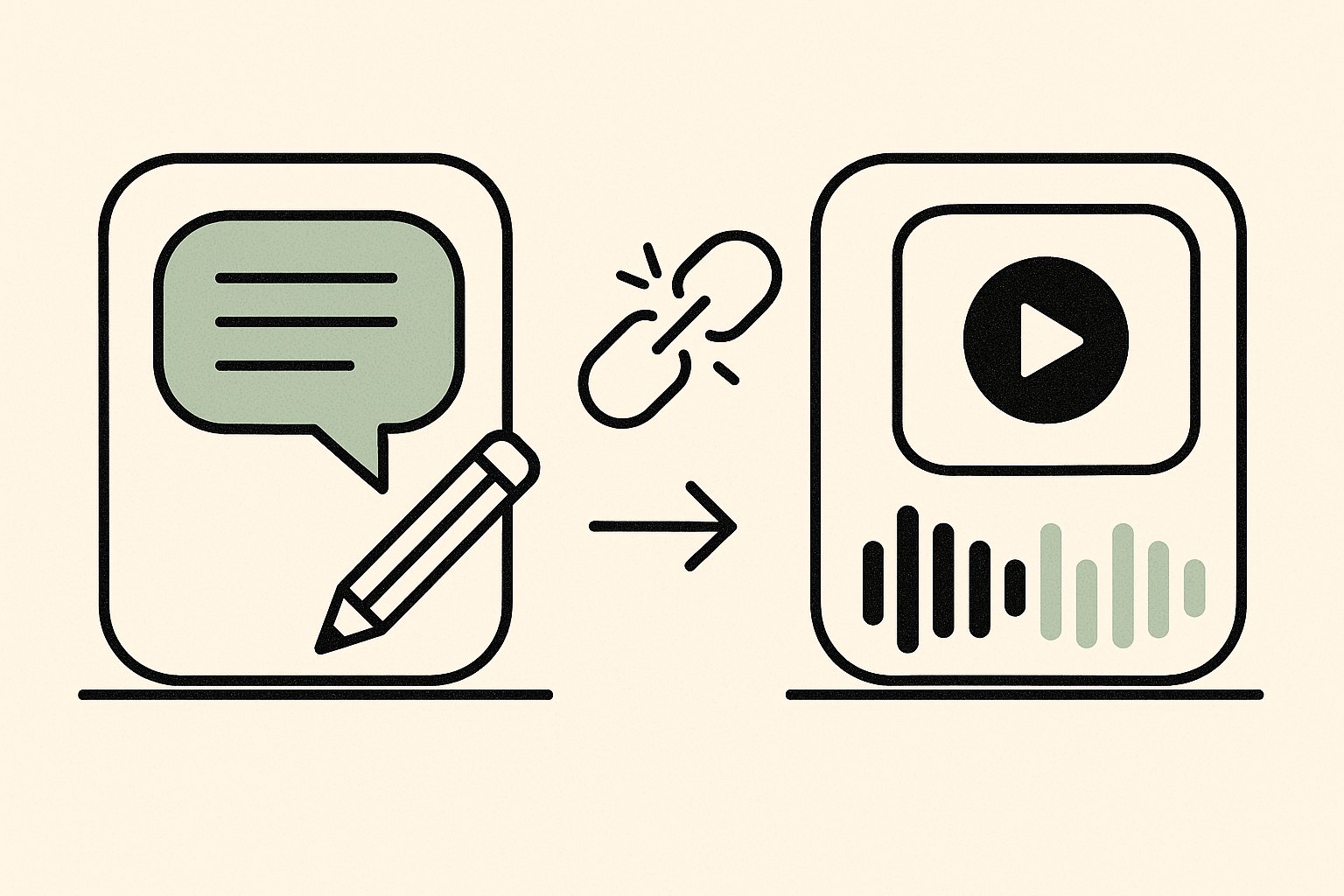 Illustration : un panneau de chat avec un crayon relié par un maillon brisé à un lecteur audio, symbolisant la séparation entre texte et audio
