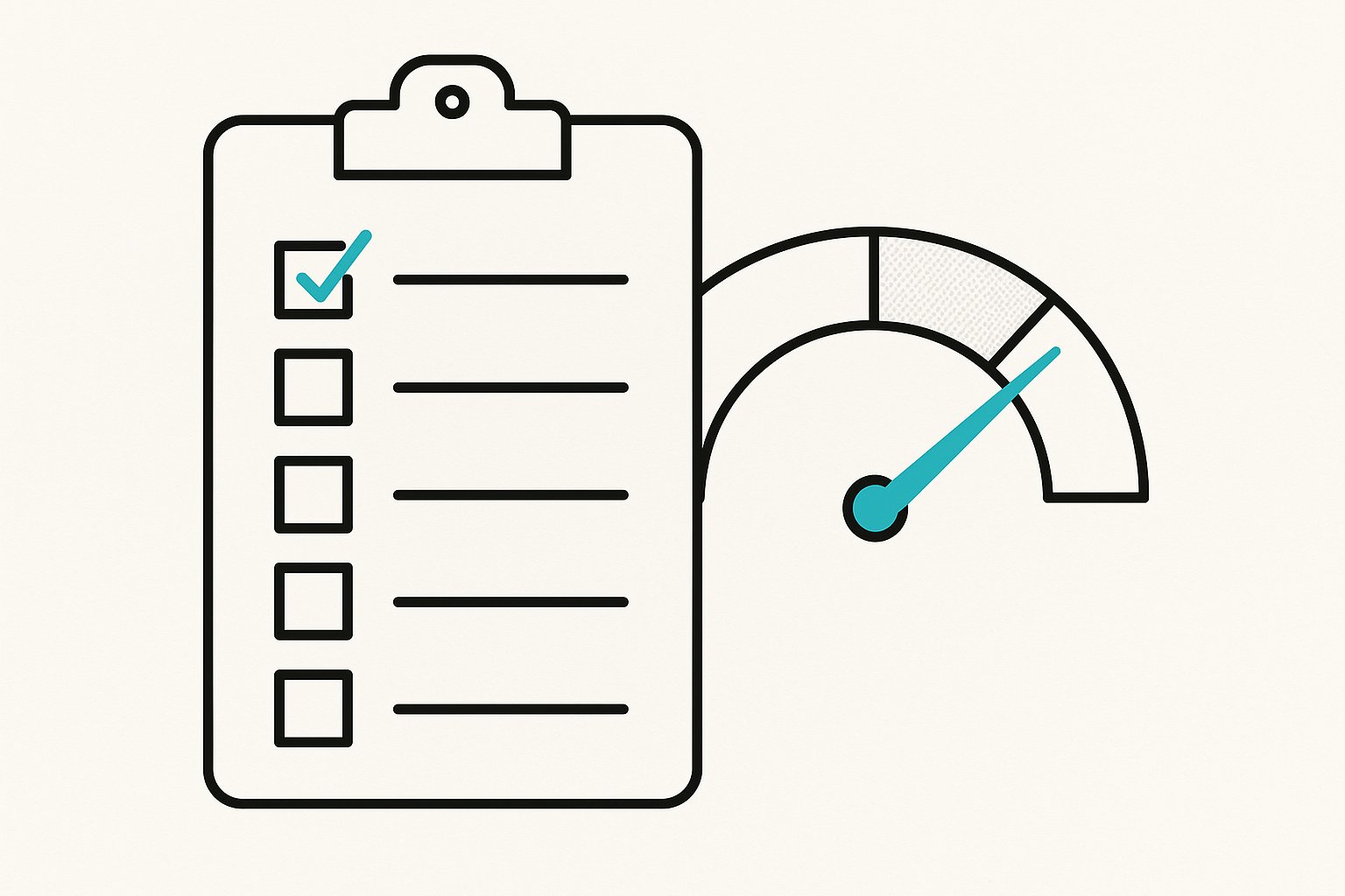 Illustration line-art d'une checklist à côté d'une jauge indiquant un niveau de fiabilité