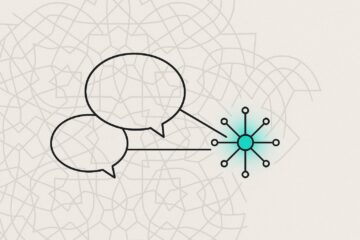 Bulles de conversation reliées à un noeud d'IA sur un motif géométrique abstrait, illustration line-art
