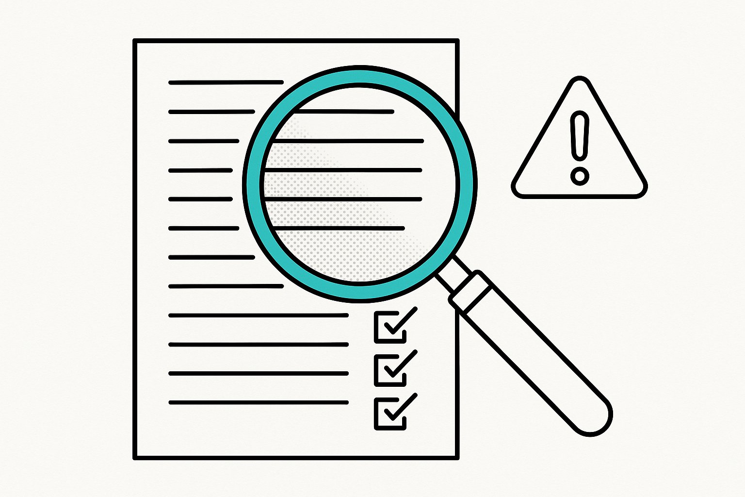 Illustration line-art d'une loupe examinant un document couvert de lignes de texte, avec un petit panneau d'avertissement