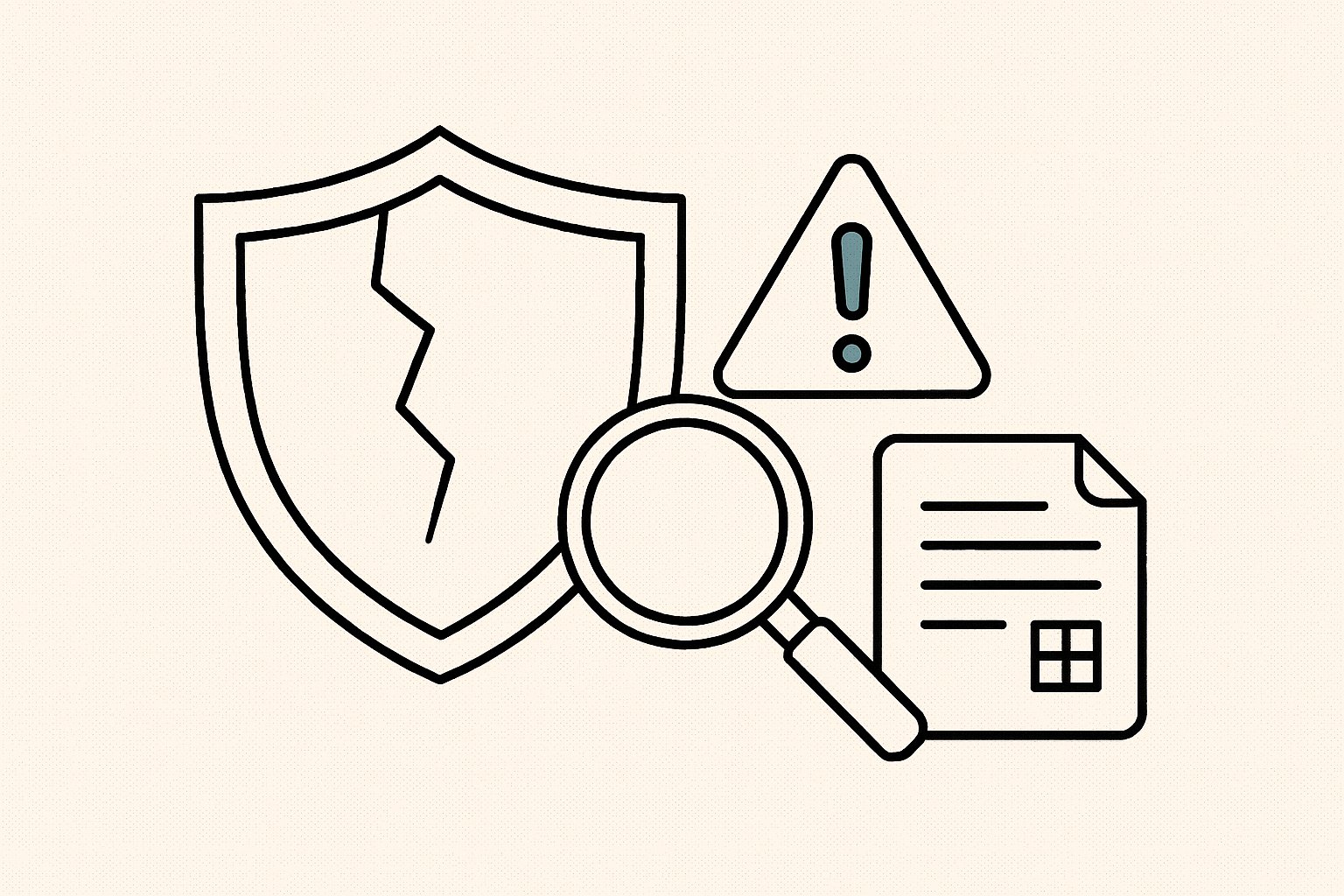 Illustration line-art d'un bouclier fissure, d'un triangle d'avertissement et d'une loupe sur un document, symboles des risques des IA sans filtre