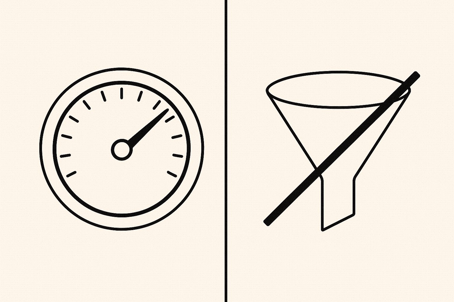 Illustration line-art : a gauche un compteur pousse au maximum (usage illimite), a droite un entonnoir barre (sans filtre)