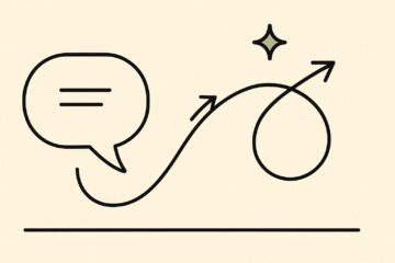 Illustration line-art : bulle de dialogue dont la queue devient une trajectoire de projectile