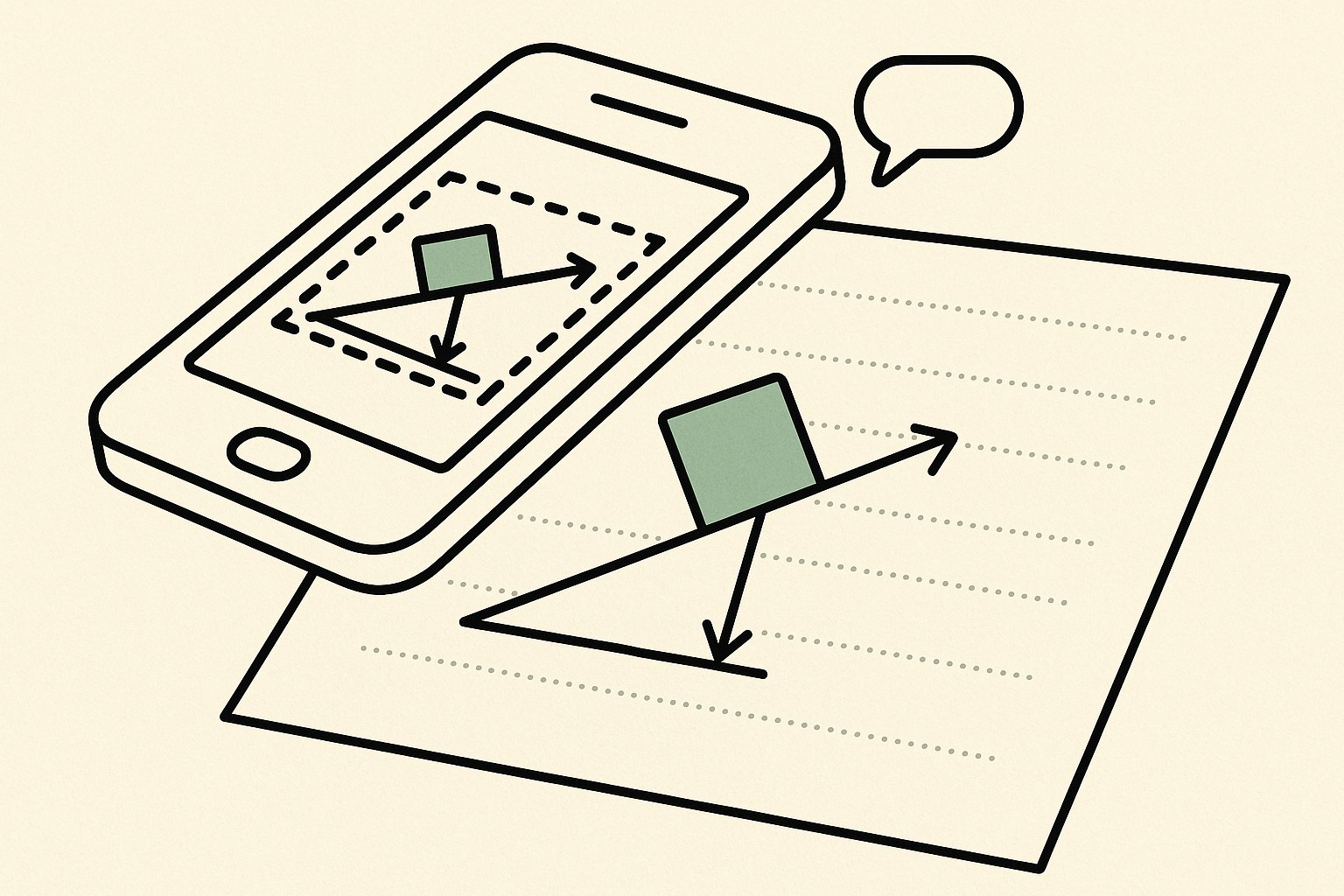 Illustration : smartphone photographiant une feuille d'exercice montrant un schéma de plan incliné avec des vecteurs force