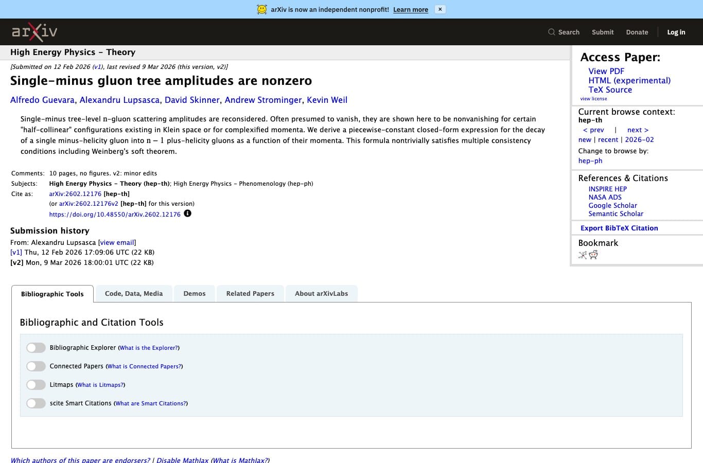Page arXiv du préprint Single-minus gluon tree amplitudes are nonzero, déposé le 12 février 2026