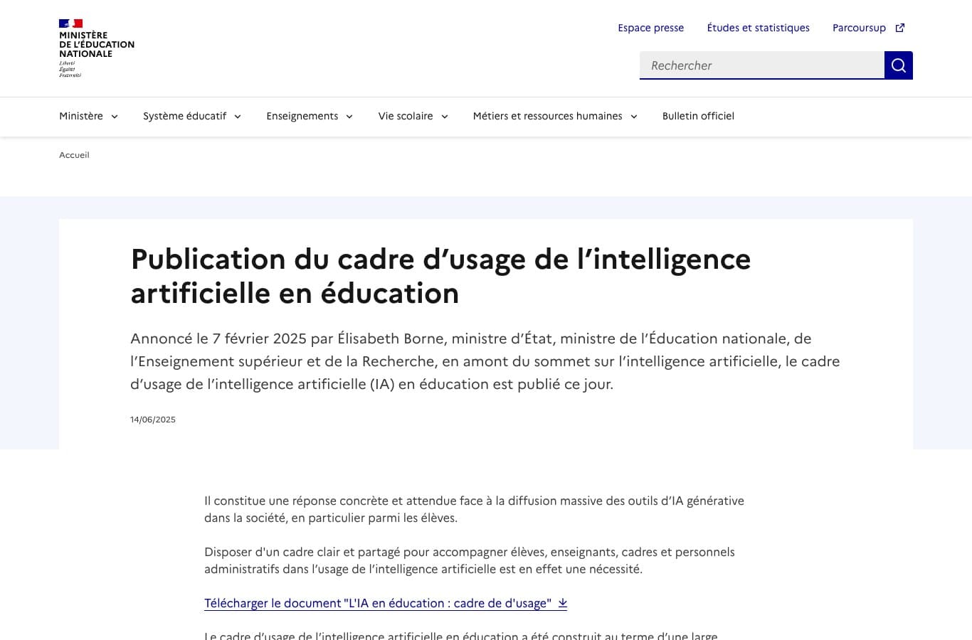 Page du ministère de l'Éducation nationale annonçant la publication du cadre d'usage de l'intelligence artificielle en éducation