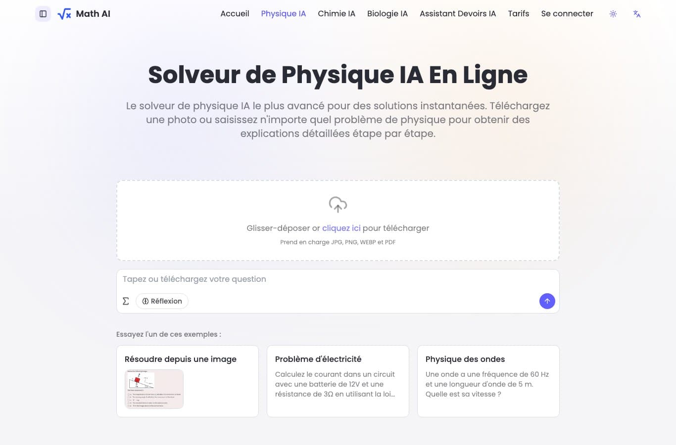 Capture du solveur de physique par IA en français de math-gpt.ai, avec dépôt de photo et exemples d'exercices