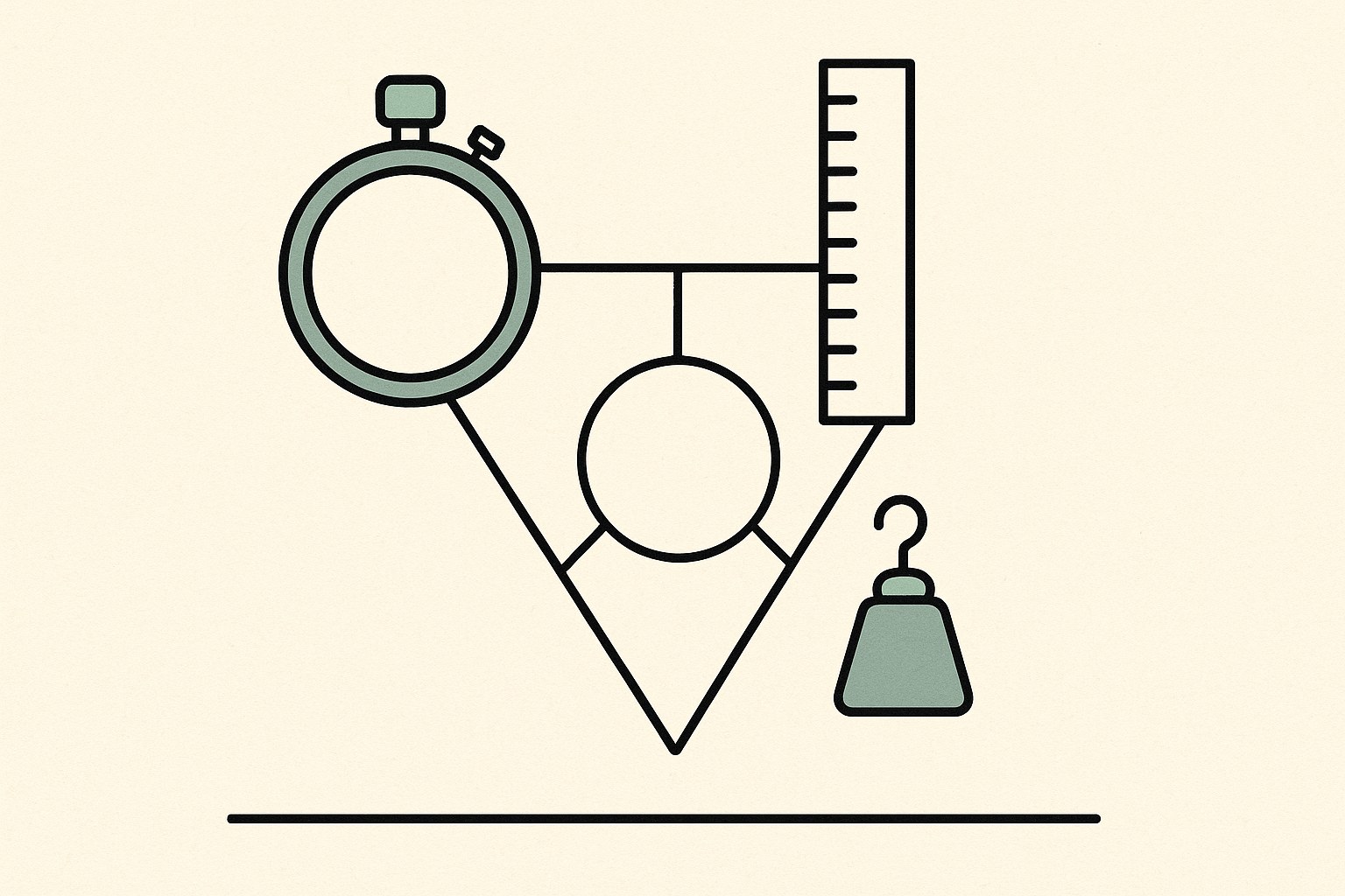 Illustration : chronomètre, règle graduée et masse suspendue reliés à un cercle central, symbole des unités de base