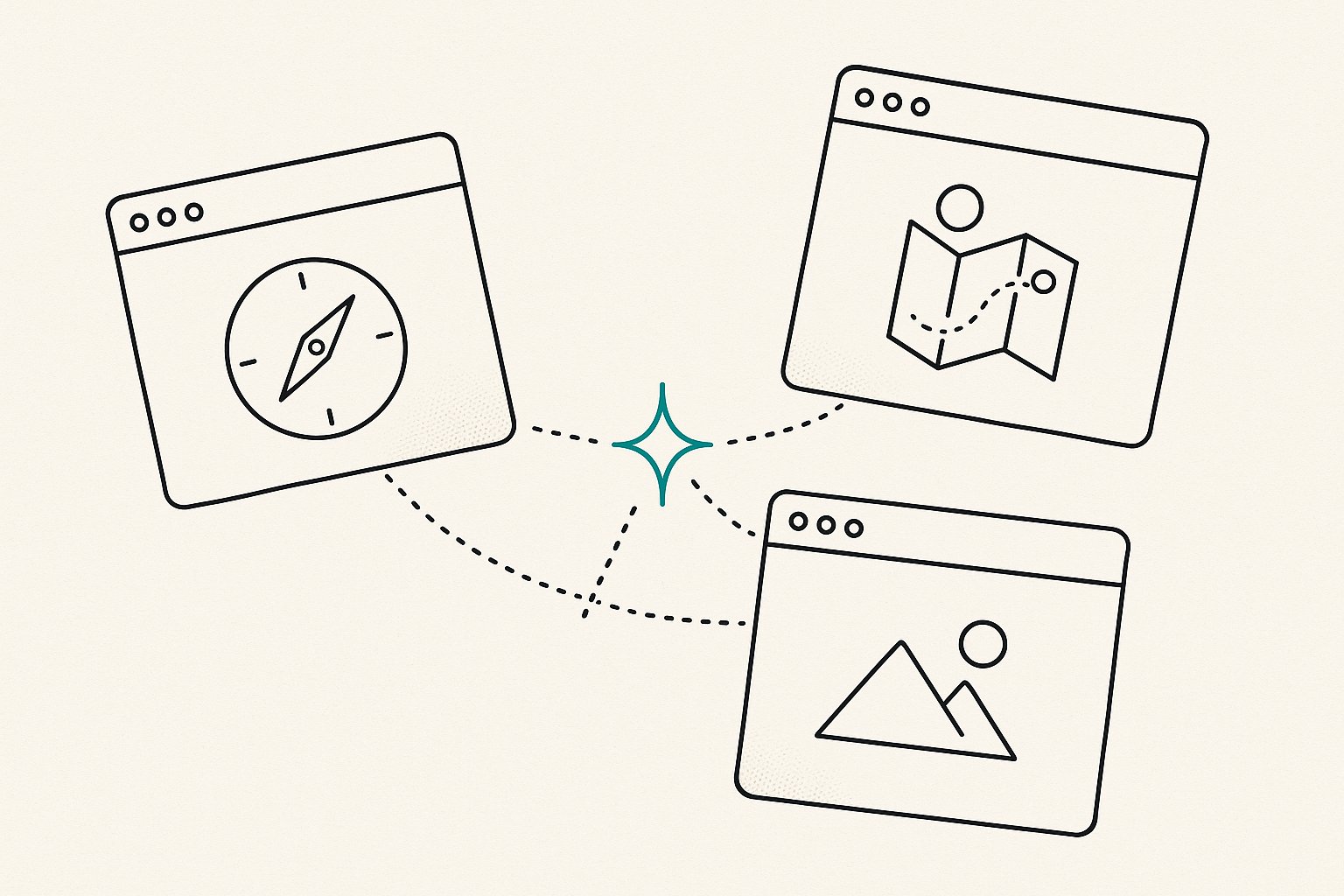 Écosystème des assistants IA de voyage : trois fenêtres d'application reliées à un point IA central, illustration line-art