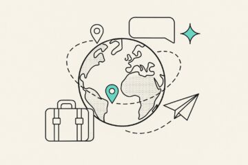 Assistant IA de voyage travel GPT : globe, itineraire pointille, bulle de conversation et valise en illustration line-art