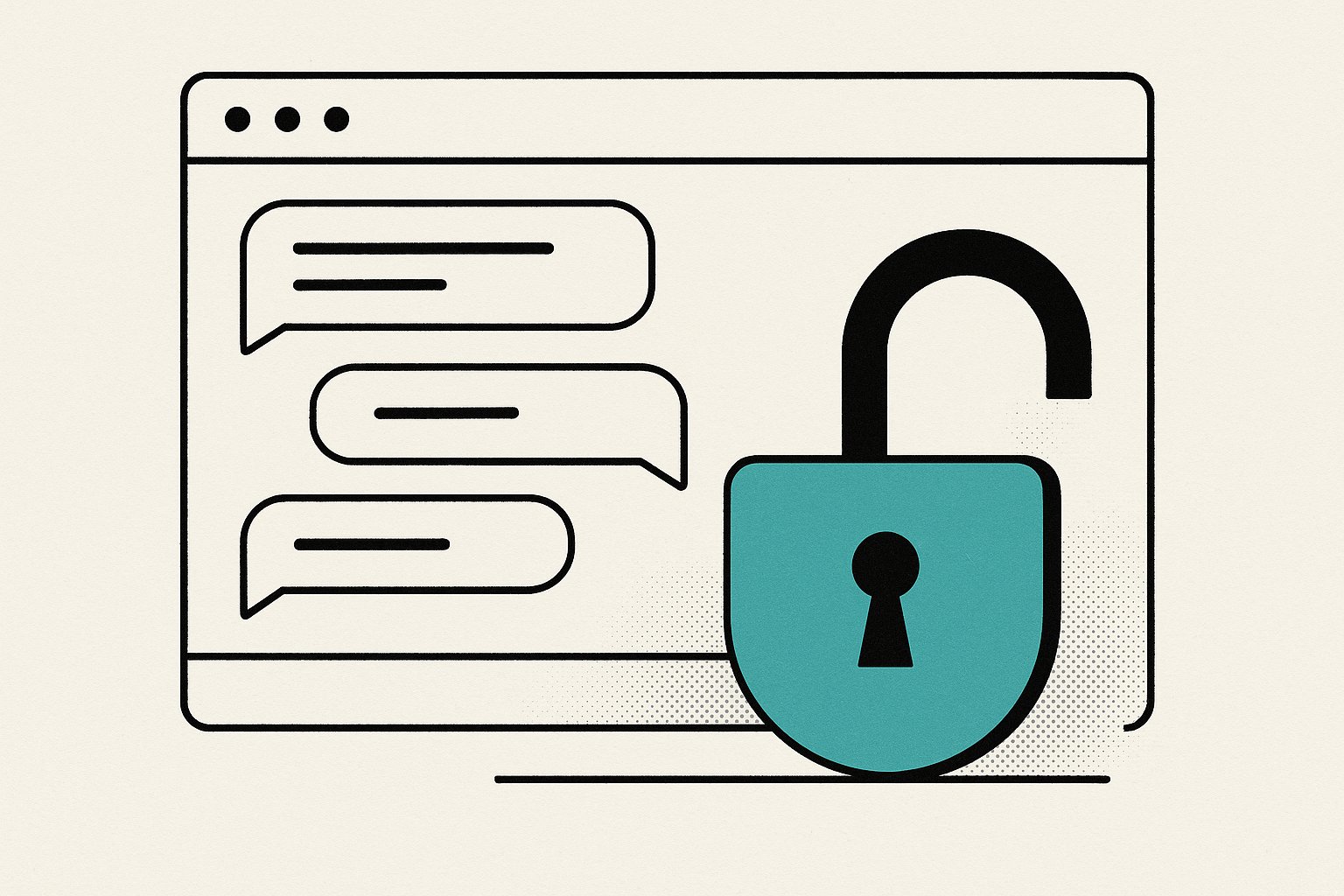 Fenêtre de navigateur affichant une conversation avec un cadenas ouvert, symbole d'un accès sans inscription