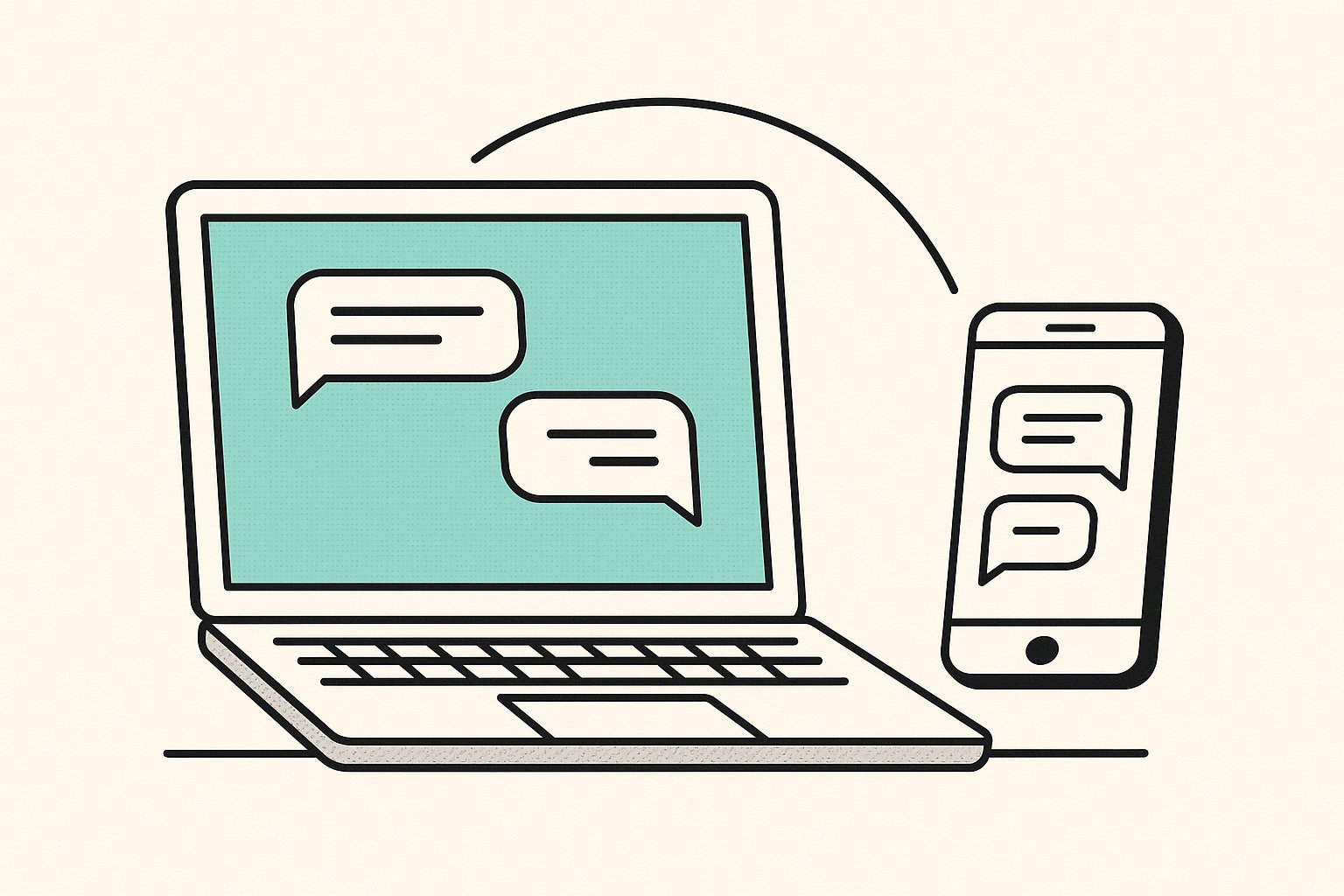 Un ordinateur portable et un smartphone affichant la même conversation, illustrant l'accès multi-appareils