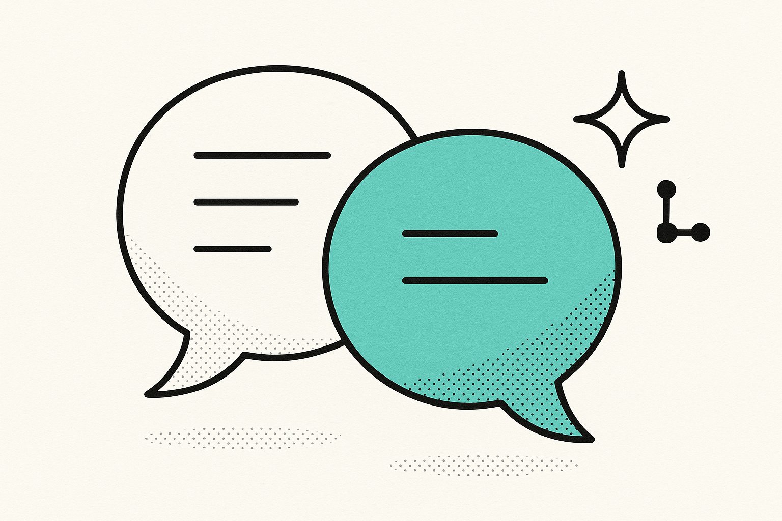 Illustration de deux bulles de conversation représentant un dialogue avec une IA en français