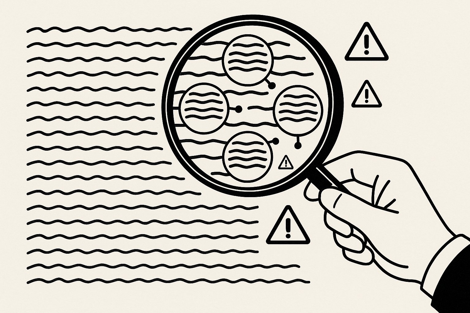 Illustration line-art : loupe au-dessus d'un paragraphe repérant des motifs répétitifs typiques d'un texte d'IA