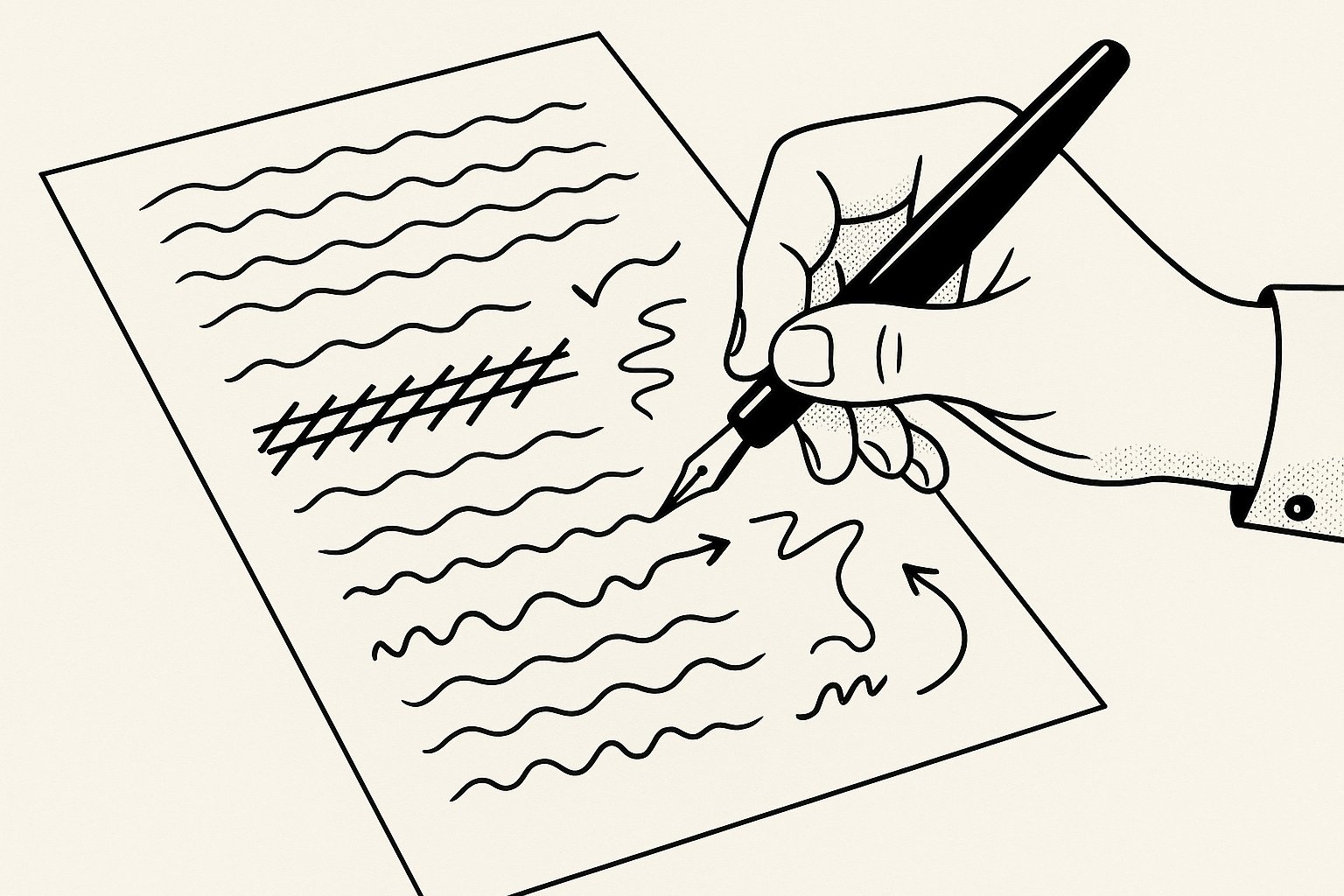 Illustration line-art : une main au stylo corrige un texte imprimé et ajoute des annotations manuscrites dans la marge