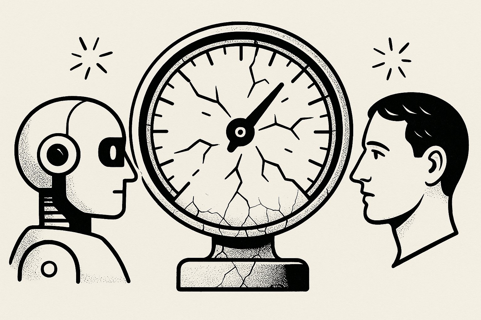 Illustration line-art : une jauge analogique fissurée oscille entre une tête de robot et une tête humaine, symbolisant l'incertitude des détecteurs d'IA