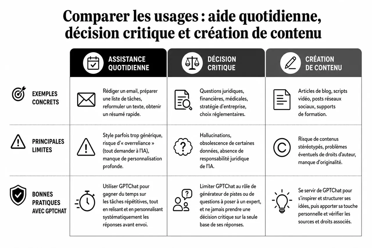 Les limites d’un chatbot IA grand public (et comment les contourner sans déraper) , Comparer les usages: aide quotidienne, décision critique et création de contenu