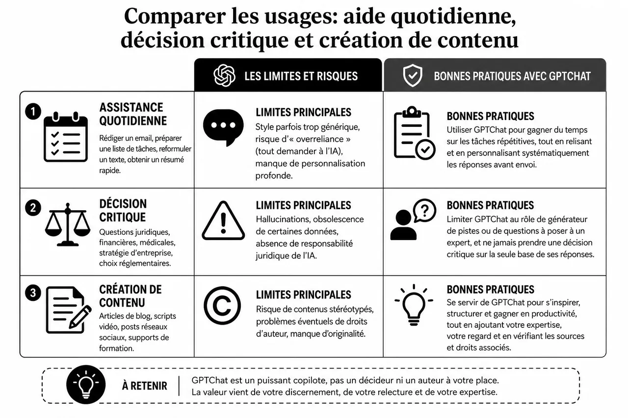 Les limites d’un chatbot IA grand public (et comment les contourner sans déraper) , Comparer les usages: aide quotidienne, décision critique et création de contenu