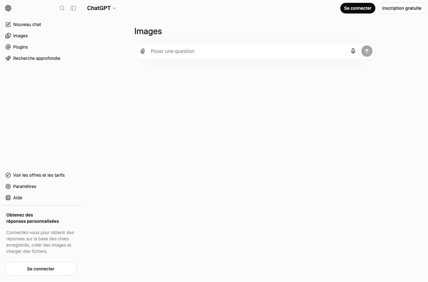 Page Images de ChatGPT sans compte : la colonne de gauche invite à se connecter pour créer des images