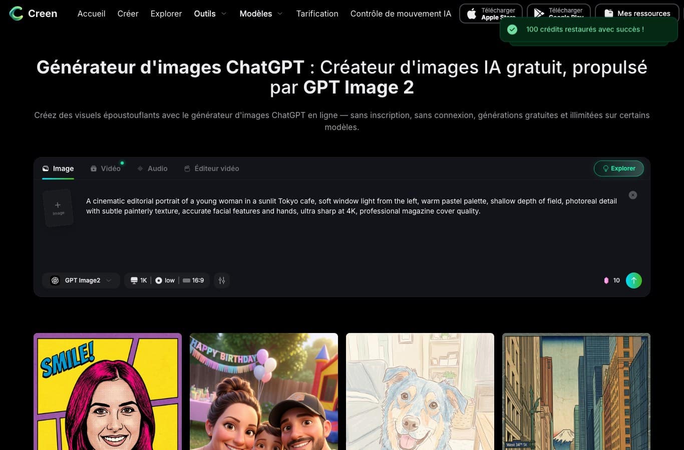 Générateur d'images de Creen : promesse de générations illimitées et compteur de crédits dans la barre de saisie