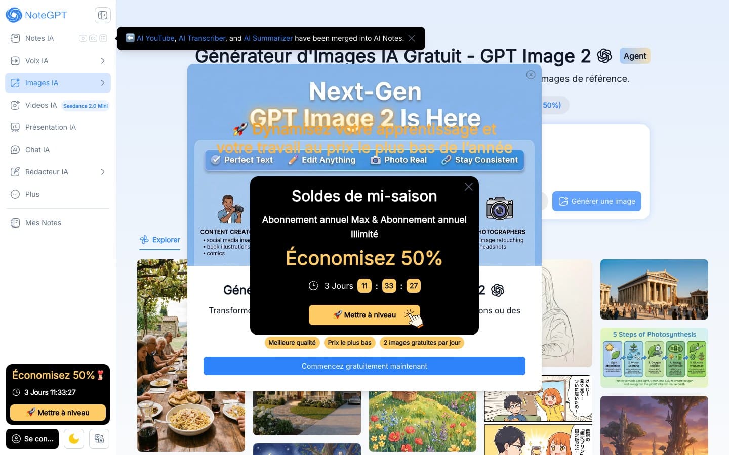 Interface de NoteGPT avec le badge 2 images gratuites par jour et deux fenêtres promotionnelles superposées