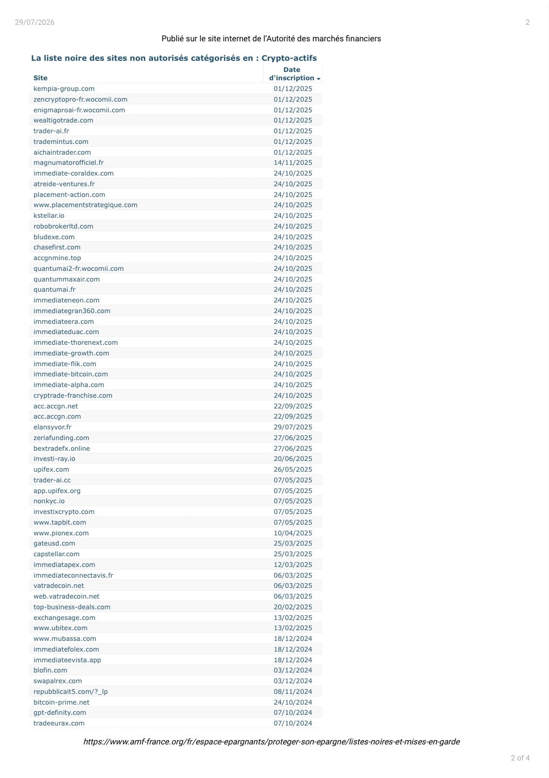Page 2 de la liste noire crypto-actifs de l'AMF du 29 juillet 2026, où figurent dix domaines Immediate et gpt-definity.com