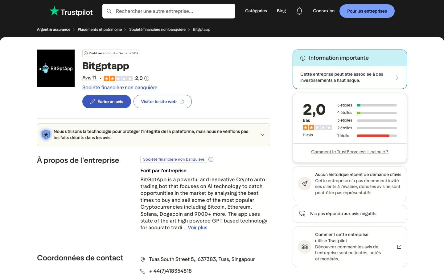 Fiche Trustpilot de Bitgptapp notée 2,0 sur 5 pour 11 avis, avec un encadré signalant des investissements à haut risque
