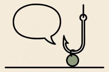 Illustration line-art : une bulle de dialogue et un hameçon auquel pend une pièce de monnaie