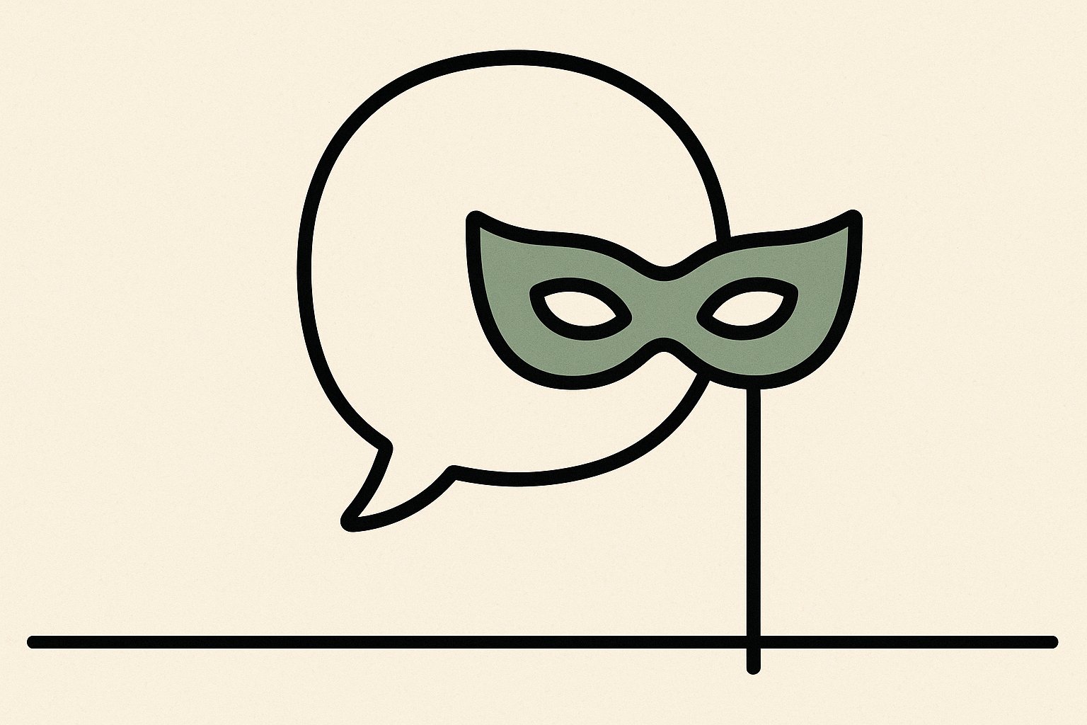Illustration line-art : une bulle de dialogue portant un masque de bal, symbole d'une identité empruntée