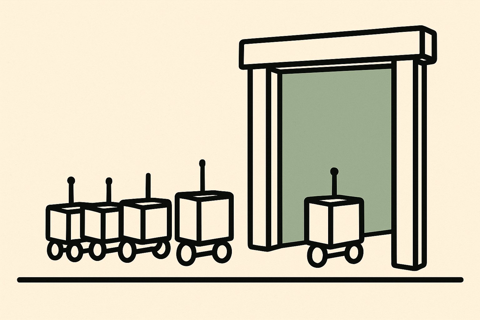 Quatre petits robots en file devant un portail ouvert, illustration des quatre crawlers d OpenAI et du robots.txt