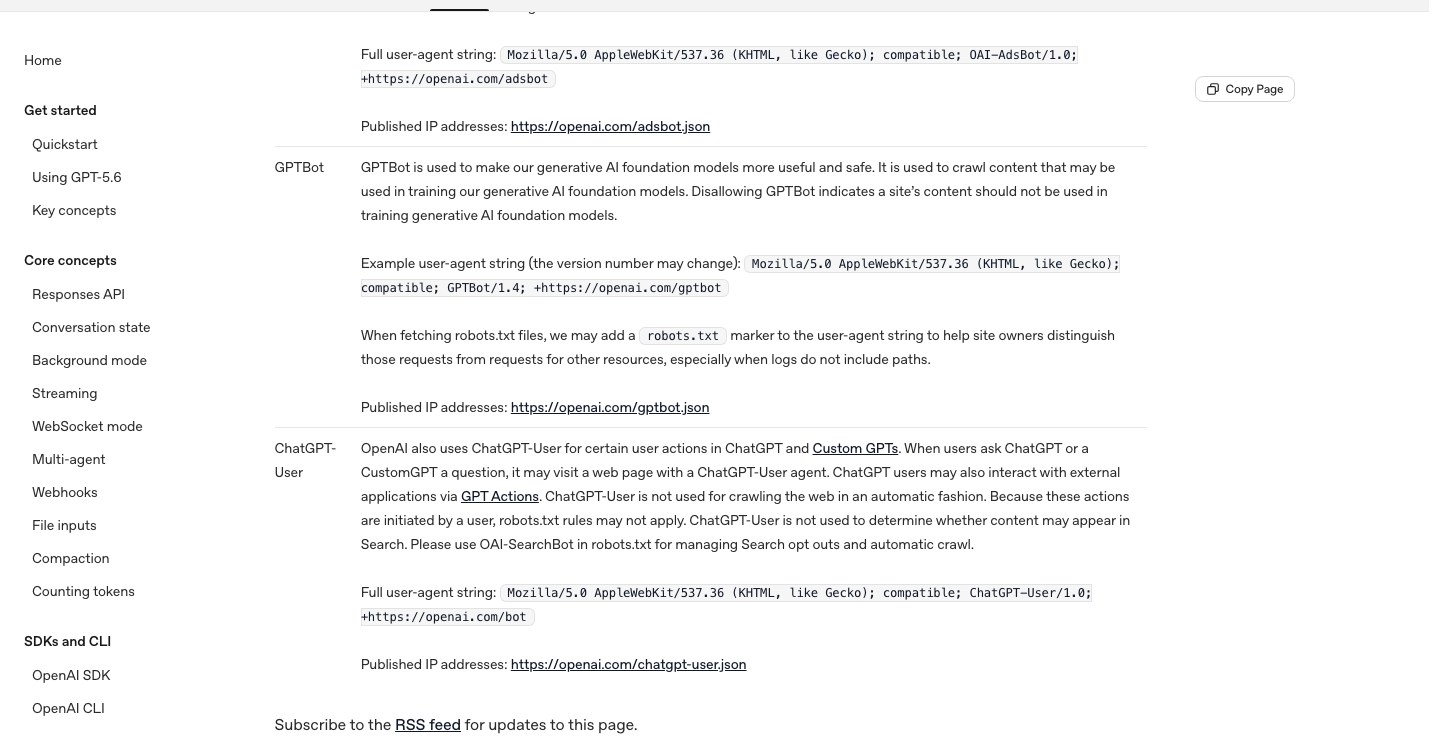 Capture de la documentation OpenAI montrant que ChatGPT-User ne determine pas si un contenu apparait dans la recherche