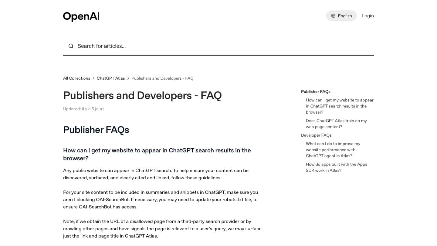 Capture du centre d aide OpenAI indiquant que tout site public peut apparaitre dans la recherche ChatGPT