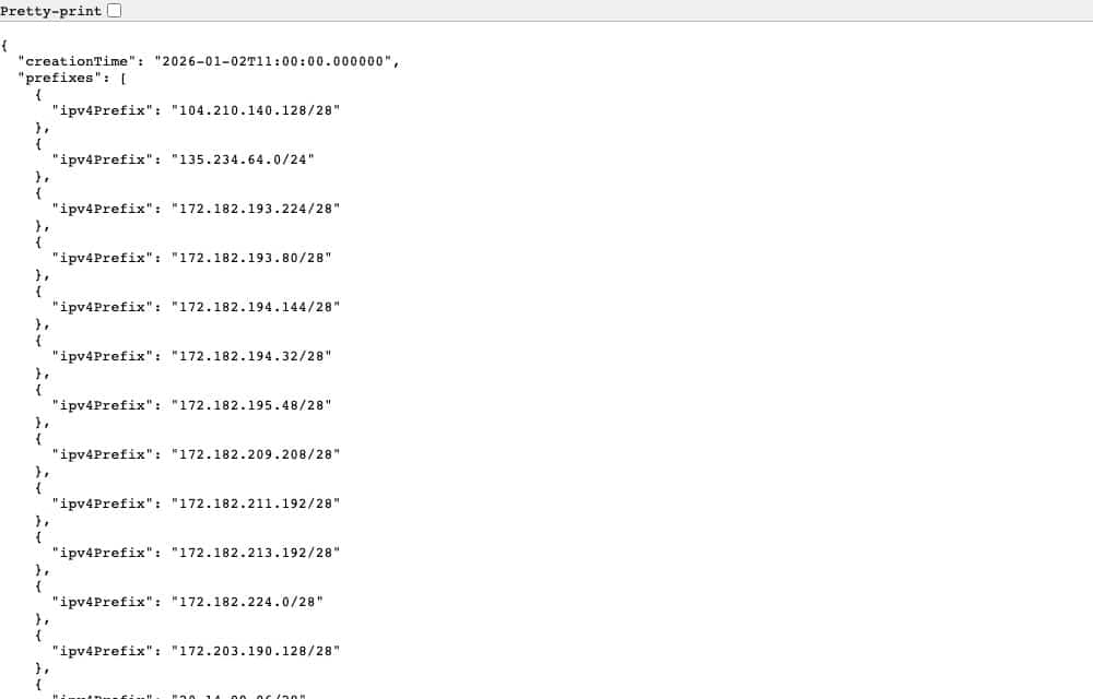 Capture du fichier searchbot.json publie par OpenAI listant les plages d adresses IP de son robot de recherche
